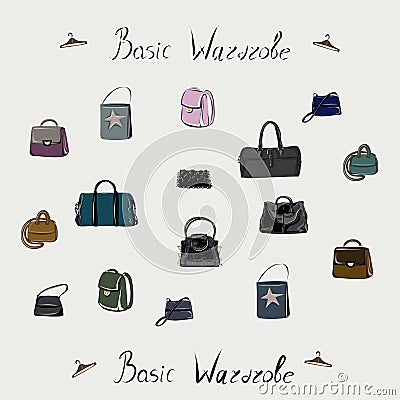Backpack, tote bag, clutch, handbag. Fashion. The basic wardrobe of a minimalist. Isolated vector Vector Illustration